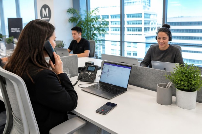 Sydney office team using Microsoft Teams Calling on desk phone and laptop