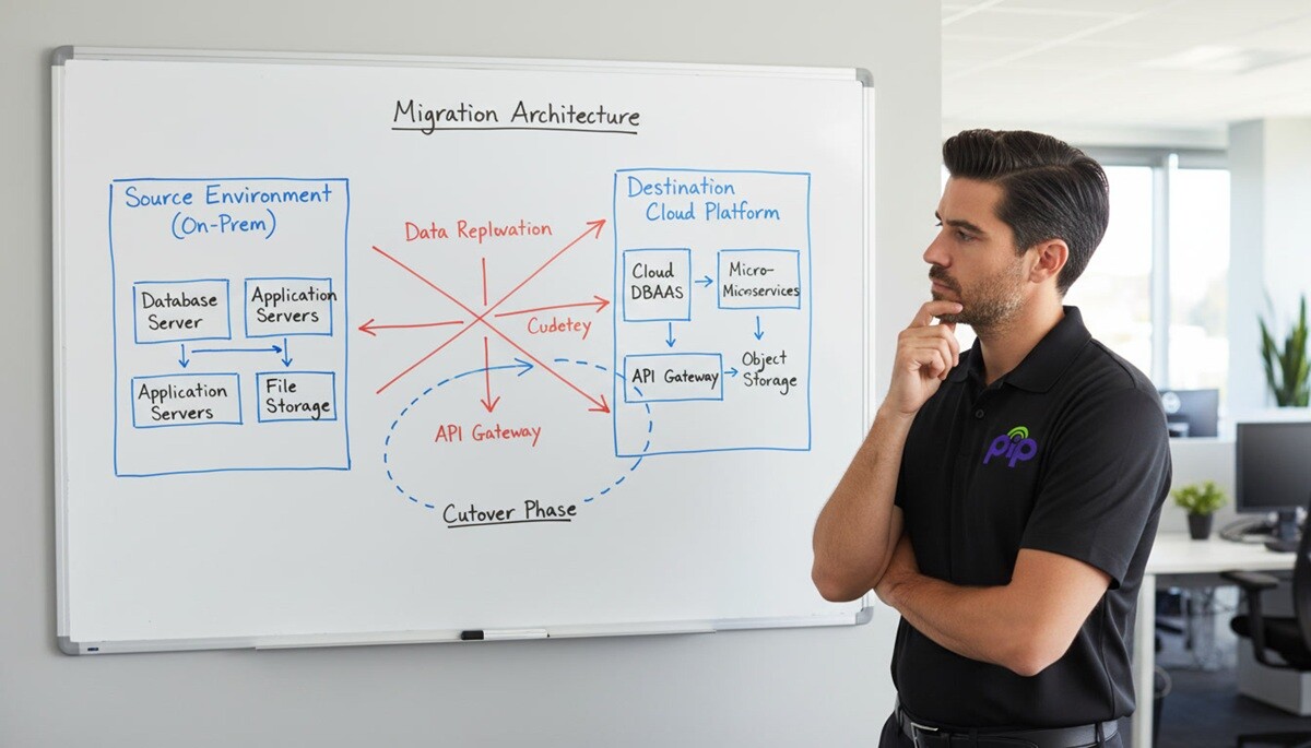 PIP technician reviewing a migration architecture diagram on a whiteboard