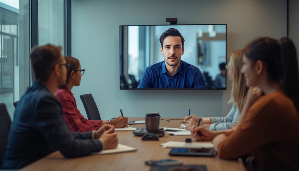 Sydney business team on a video conference in a modern meeting room
