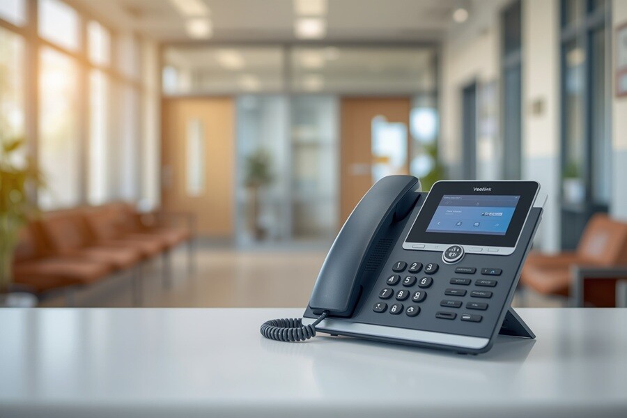 Medical practice reception desk with a Yealink IP phone, blurred clinical waiting room behind
