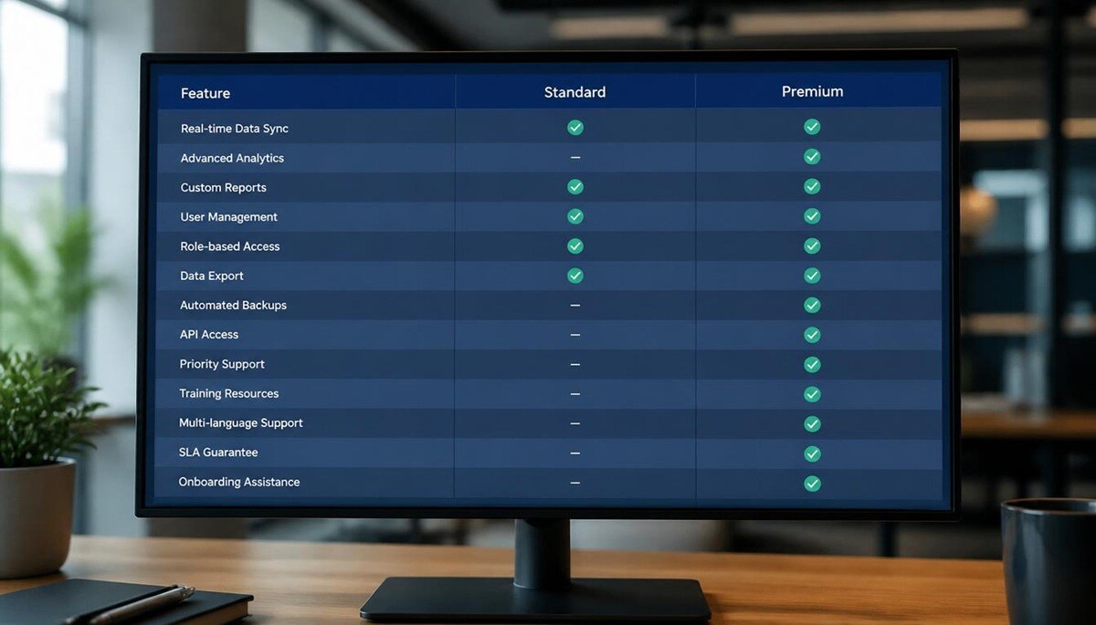 A structured two-column feature comparison table on a widescreen monitor