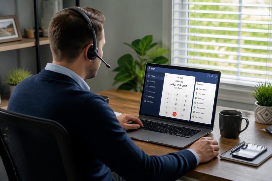 Remote worker at a home office using a softphone on a laptop