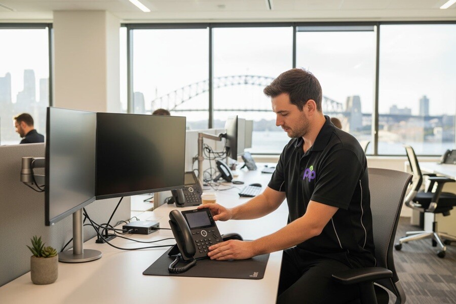 PIP technician installing a Yealink IP desk phone at an office workstation