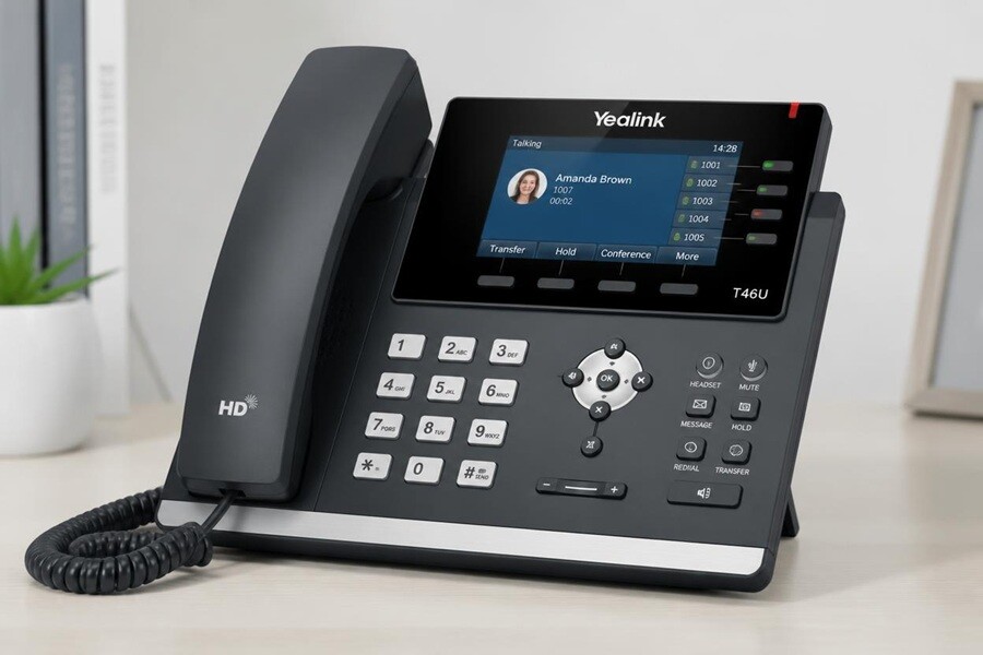 Yealink T46U IP desk phone close-up with active colour display