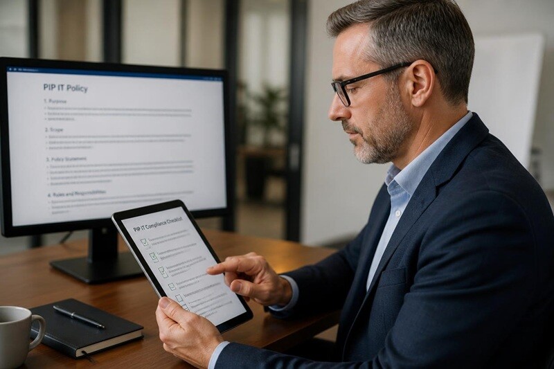 PIP IT professional in smart casual black PIP polo shirt reviewing a compliance checklist on a tablet with focused expression, seated at meeting table with monitor showing policy document in background, professional methodical environment