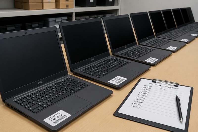 A row of identical laptops laid out on a desk and asset-tagged, ready for staff deployment — the kind of per-device rollout that per-device pricing counts.