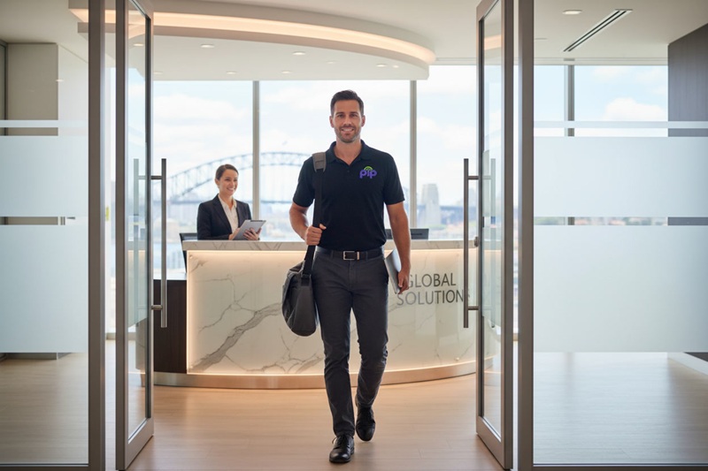 A PIP technician in a branded polo shirt carrying a laptop bag into a Sydney client office for on-site support.