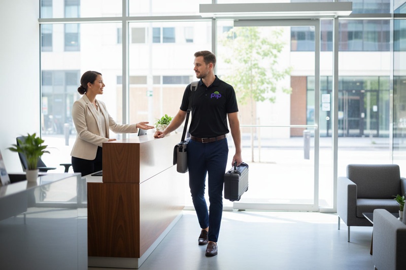 PIP technician in smart casual clothing with black PIP polo shirt walking through a business reception carrying a laptop bag and equipment case, greeted by a staff member. Daylight through glass frontage. Ordinary professional arrival, not a dramatic call-out.