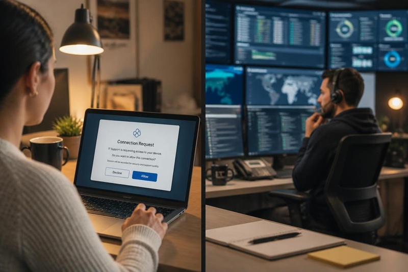 Split-perspective office scene: on one side an office worker at a laptop looking at a remote session approval prompt, and on the other side, softly out of focus, a technician's workstation. Warm office lighting, shallow depth of field. Conveys consent and the two ends of a session.