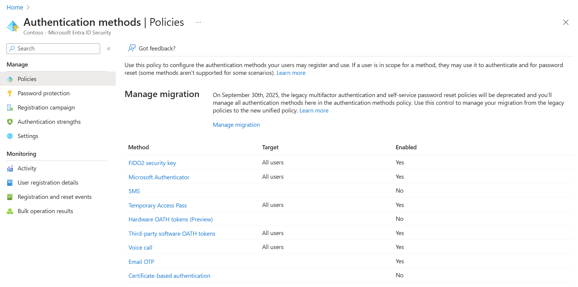 The Authentication methods policy blade in the Microsoft Entra admin centre, listing methods such as FIDO2 security key, Microsoft Authenticator, SMS, Temporary Access Pass and Email OTP with their target scope and whether each is enabled.