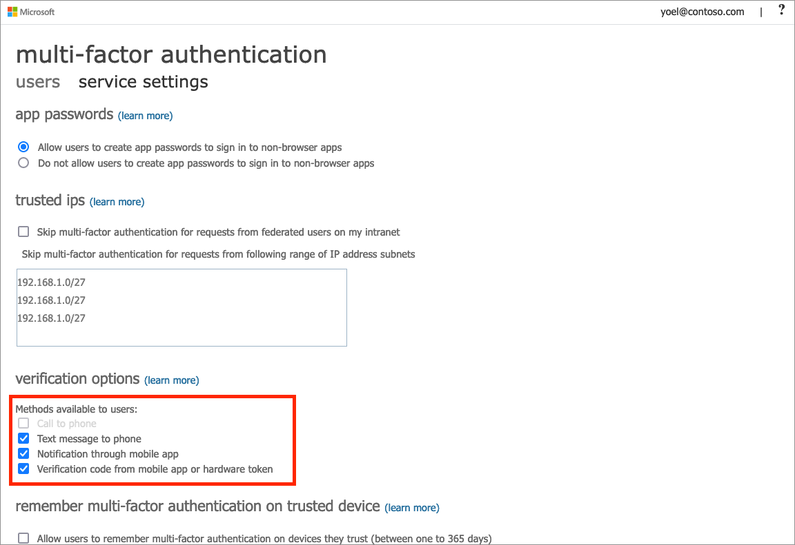 The legacy per-user MFA service settings page showing verification options, with the checkboxes for text message to phone, notification through mobile app, and verification code from mobile app or hardware token highlighted.