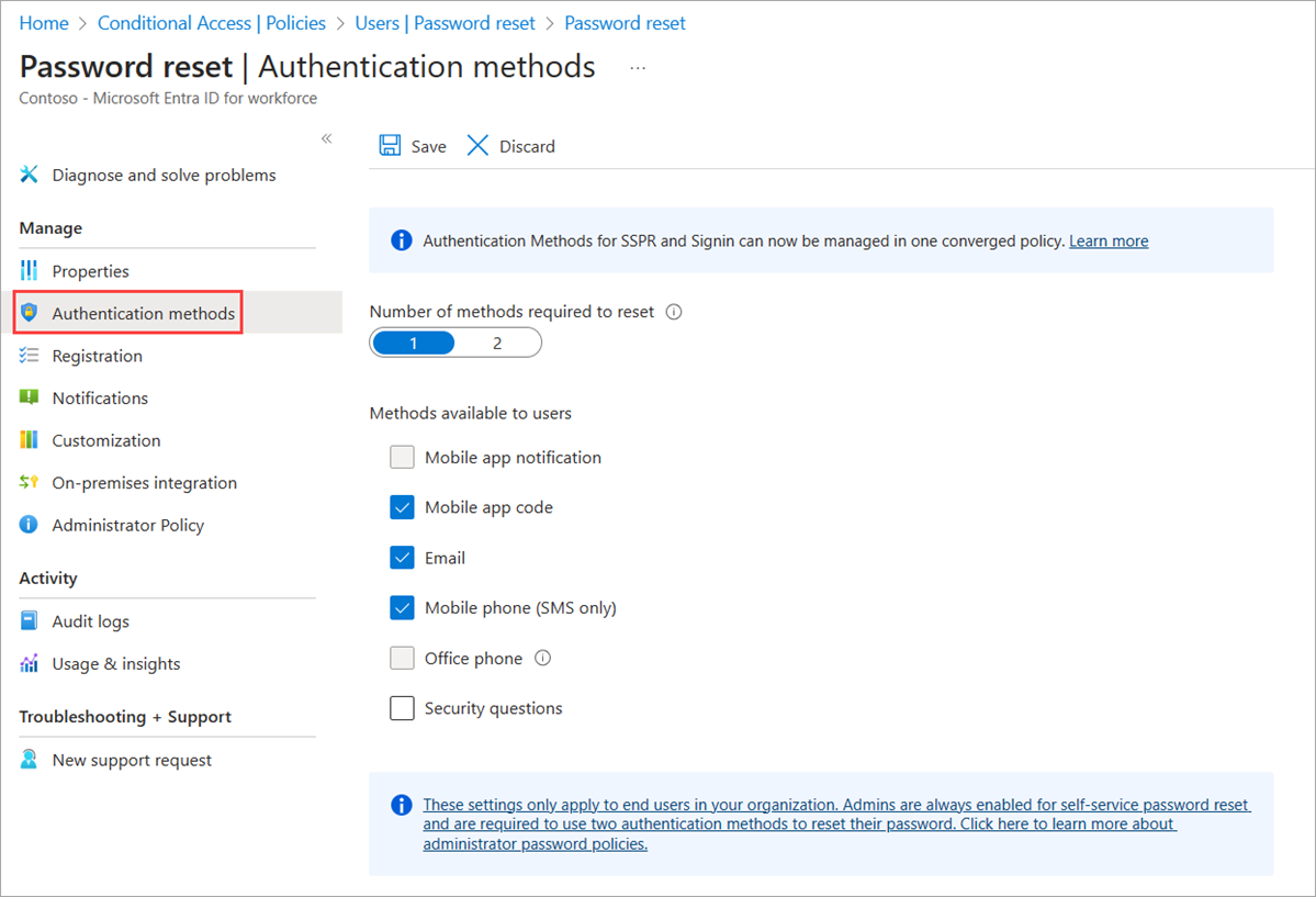 The legacy SSPR Password reset blade in the Microsoft Entra admin centre, showing the authentication methods available to users including mobile app notification, email, mobile phone (SMS) and security questions, with the number of methods required to reset.