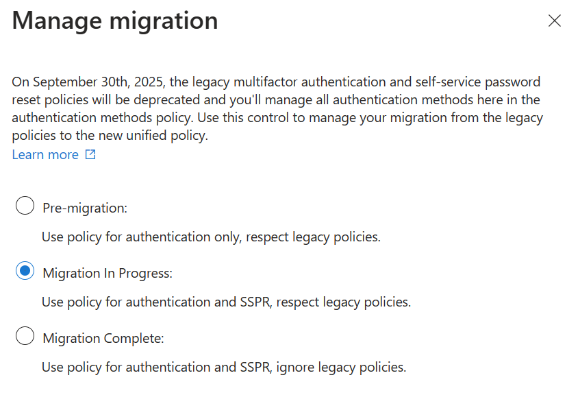 The Manage migration control with three options — Pre-migration, Migration In Progress selected, and Migration Complete — each describing which policies are respected.