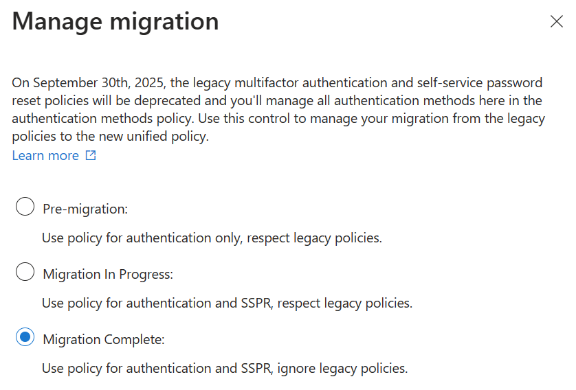 The Manage migration control with Migration Complete selected, indicating only the Authentication methods policy is used and legacy settings are ignored.