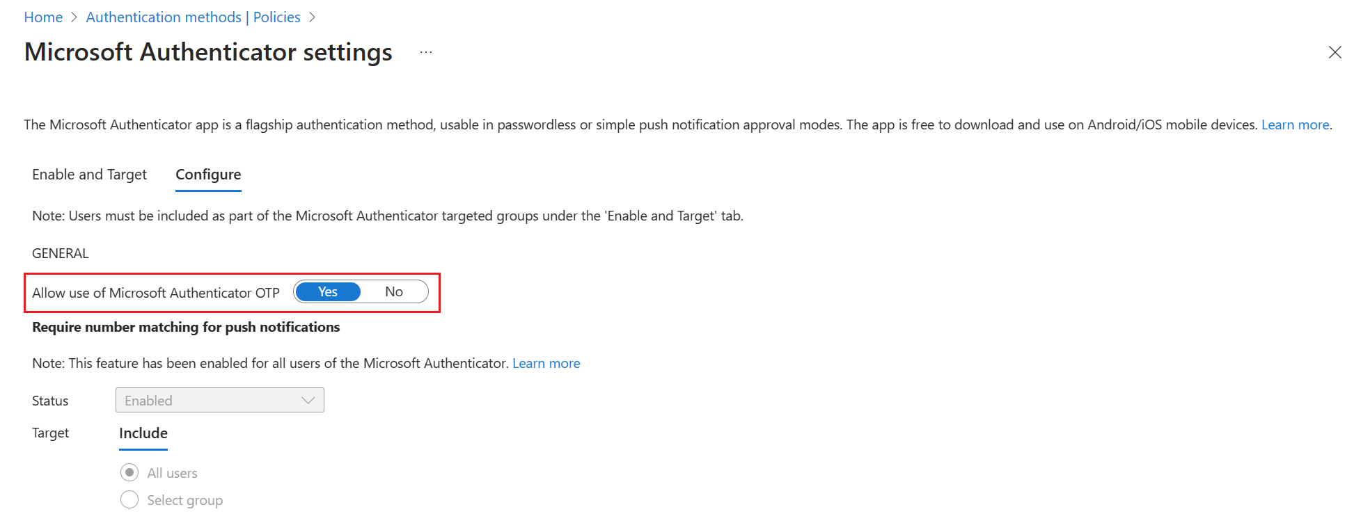 The Microsoft Authenticator settings Configure tab, with the Allow use of Microsoft Authenticator OTP toggle highlighted.