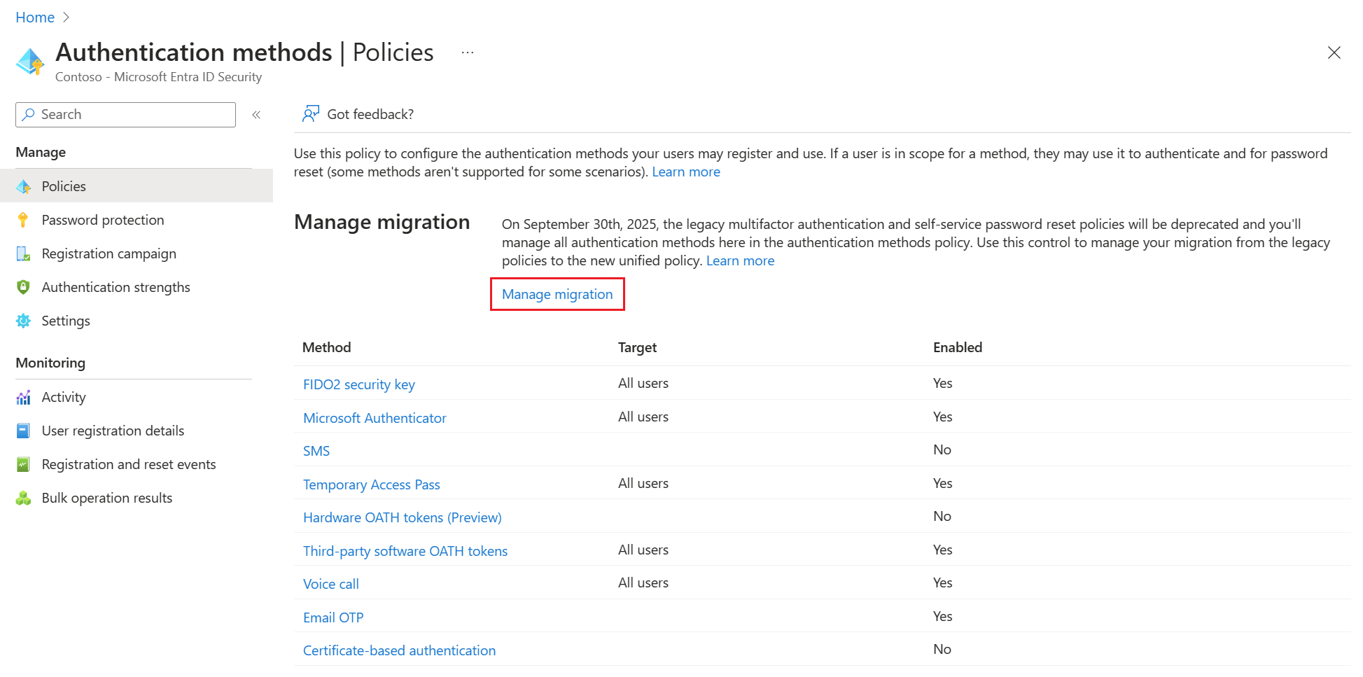 The Authentication methods Policies blade with the Manage migration link highlighted, showing where the automated migration guide is started.